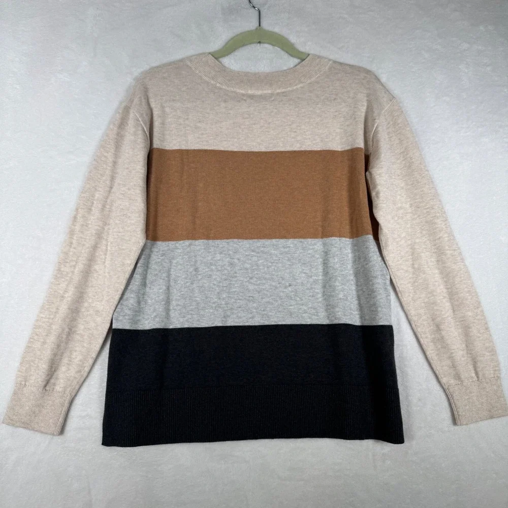 Lands' End Sweater Women S Small Beige Colorblock Cotton Knit Crewneck Excellent